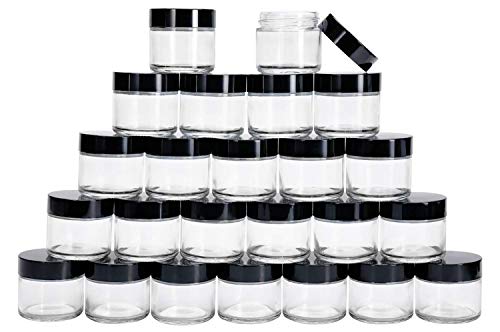 2 oz Glass Jars with Lids Small Spice Jars Glass with Black Lids Mini glass jars Clear Lotion Cosmetic body butter containers Empty little round paint cans, for Creams Balms, Beauty Products (24 Pack)