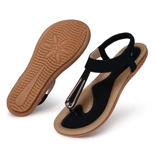 Image of SHIBEVER Womens Sandals Summer Flat: Dressy Casual T-Strap Flip Flop Thong Flats Sandals - Comfortable Walking