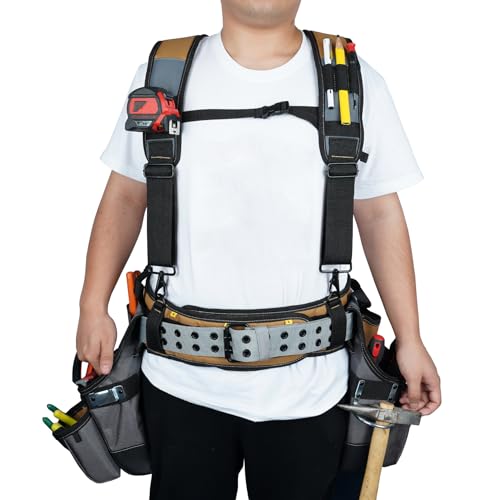 Image of MELOTOUGH Tool Belt with Suspenders Tool Bag Suspenders Framers Comb Apron Tool Belt Construction Tool Pouch Builder Heavy Duty Carpenter Suspension Rig for Electrician, Roofing,Contractor(Khaki)