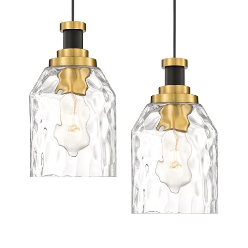 Image of zeyu 2 Pack Modern Kitchen Pendant Lighting Over Island, Hanging Light Fixture for Dining Room, Water Ripple Glass Shade, Black and Gold Finish, ZG33M1L-2L BK+BG-WG