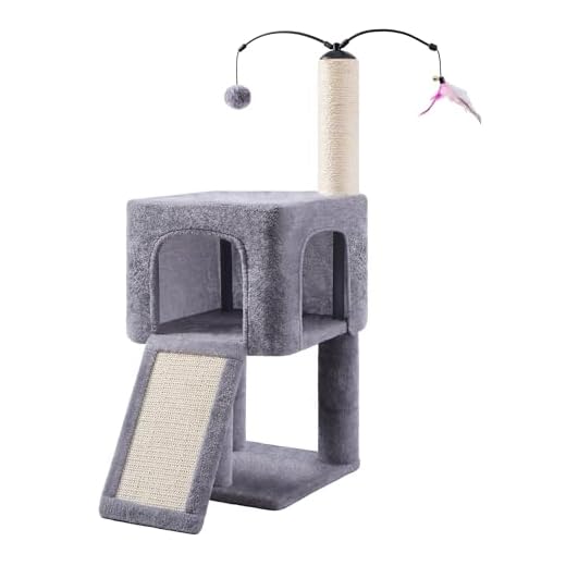 Roypet 32" Cat Tree for Indoor Cats, 2-in-1 Cat House with Sisal Scratching Post & Ramp, 2-Level Cat Tower with Rotatable Feather & Ball Toys, Stable Grey Cat Condo for Small/Medium Cats, Grey