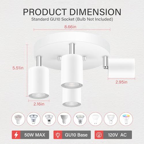BoostArea LED 4 Light Track Lighting Kit, LED Track Lighting Fixtures, White Round Ceiling Spot Lighting, Flexibly Rotatable Light Head for Kitchen, Living Room, Bedroom, GU10 Bulb Not Included - Thumbnail 3