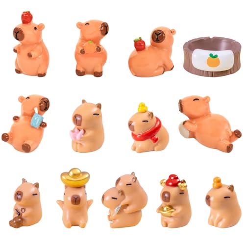 Yopcuvi Capybara Figurines, Mini Capybara Resin Figurines 13 Piece Set, Capybara Car Dashboard Ornament, Ornament for Desktop Tabletop