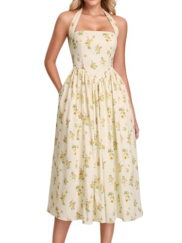 Image of Parthea Women's Floral Halter Corset Midi Dress 2026 Elegant Smocked Flowy Wedding Guest Dresses with Pockets