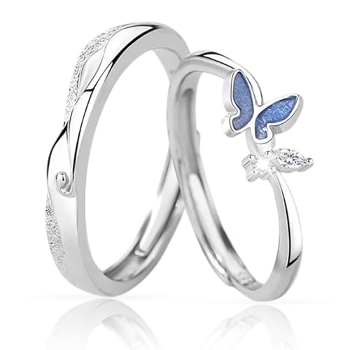 BYETOCE Matching Rings for Couples Set with 2 Rings Sterling Silver Matching Ocean Butterfly Promise Rings Cubic Zirconia Adjustable Romantic Couples Rings for His and Her Anniversary Birthday Gift