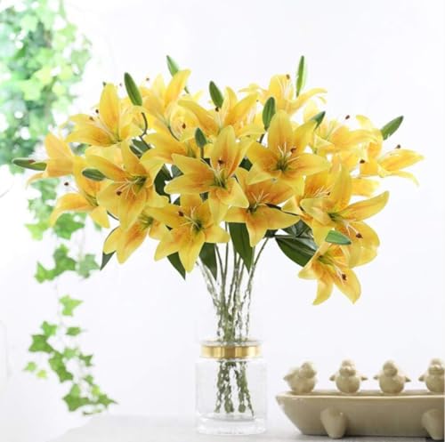 Image of VRB Dec 1 Pcs (3 Head) Lily Artificial Flowers Bunch Foam Flowers Sticks,Lily Artificial Flowers for Home Decor,Bedroom, Living Room, Table, Balcony, Office, Wedding, Pooja (Yellow Color)