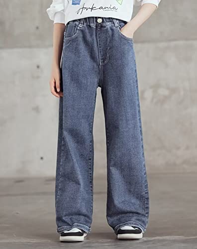 Sitmptol Teen Girls Blue Ripped Jeans Wide Leg High Waist Denim Trousers Loose Streetwear Jeans Baggy Pants Denim Blue 160 11-12 Years #TOP5