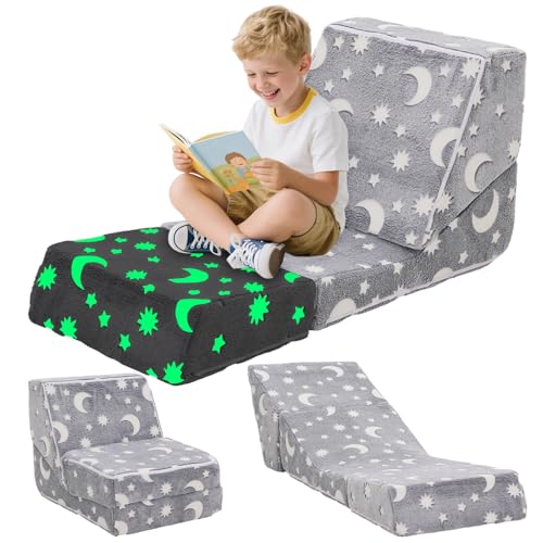 YULEYU Sillón Bebe, Plegable Sofa Infantil, Sillón Infantil 3 en 1, Sofá Cama Convertible Tumbona, Silla Ancha Suave Funda Extraíble, Brilla Oscuridad, Regalo Día Niño Cumpleaños, Gris