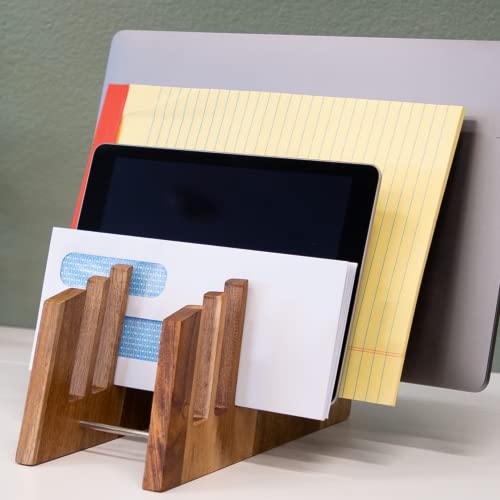 Workwood File Folder Desk Organizer | Vertical Laptop Stand & Holder For Macbook Pro & Ipad | Incline Mail & Letter Sorter For Desktop Storage | Fits Multiple Devices | Acacia Wood #TOP6
