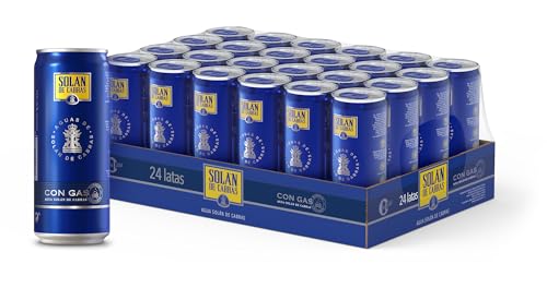 Solán de Cabras, Pack 24 Latas x 33 cl, Agua Mineral Natural Con Gas, Refrescante Con Sabor Burbujeante y Natural
