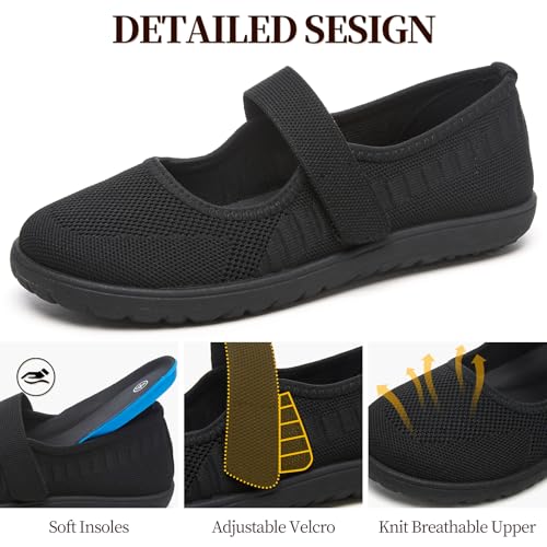 Image of Waluzs Wide Toe Box Flats Shoes Women Knit Ballet Flats Mary Jane Dress Flat Wide Width Walking Shoes Slip-on with Strap