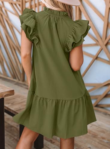 Image of Dokotoo Womens Summer Dresses 2026 V-Neck Drawstring Ruffle Cap Short Sleeve Side Pockets Mini Dress Sundress
