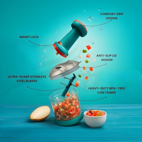 Image of YOUONE Push Chopper, 1000ml Capacity, Stainless Steel Blade, Transparent Container with Lock System, Green (Black)