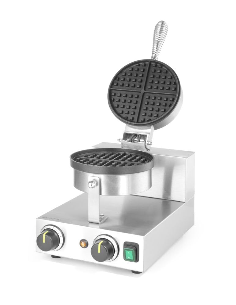 HENDI Gofrera eléctrica redonda, para gofres belgas, T regulable (50˚C a 220˚C), placas de aluminio fundido con recubrimiento antiadherente de Teflon, 230V, 1000W, 250x380x(H)590mm, acero inoxidable