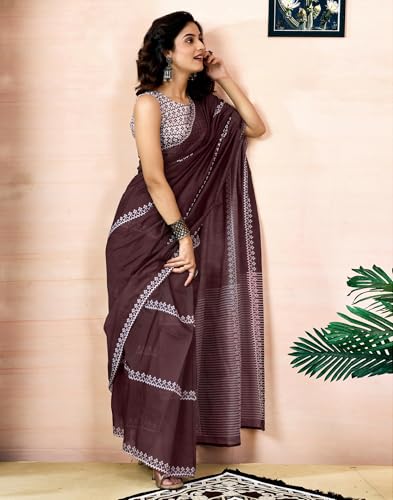 Image of SIRIL Women's Printed Chanderi Cotton One Minute Ready to Wear Saree with Unstitched Blouse Piece
