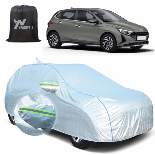 Image of Car Body Cover for Hyundai i20 (2021 to 2025), 100% Waterproof, Heat-Resistant with Mirror & Antenna Pockets, Soft Cotton Lining, Triple Stitched, Piping & Reflector (Reflective Silver)