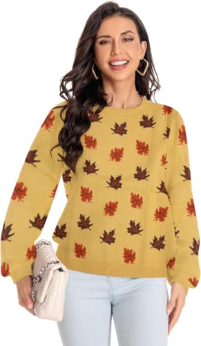LUKYCILD Fall Sweaters for Women 2025: Autumn Leaves Print Sweater Long Sleeve Graphic Pullover Casual Crewneck Tops4