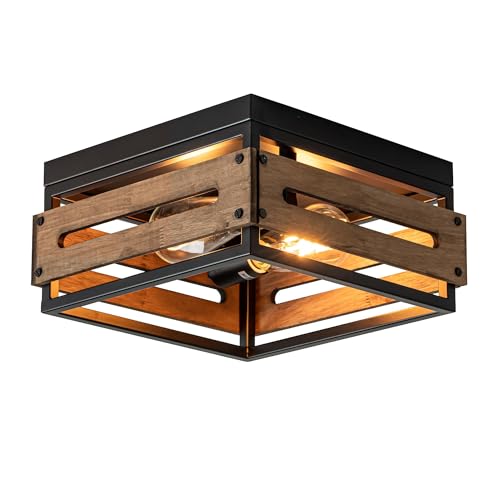 MAYNA Farmhouse Ceiling Light, 2-Light Rustic Flush Mount Ceiling Light with Metal and Wood, Farmhouse Hallway Light Fixtures for Kitchen Entryway Bedroom Dining Room