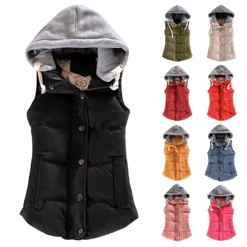 Women Quilted Vest with Removable Hood Sleeveless Puffer Jacket Lightweight Cropped Vest Puffy Outerwear with Pockets