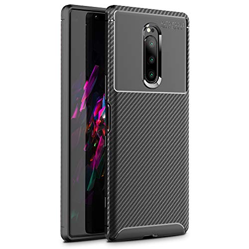 NALIA Case Compatible with Sony Xperia 1, Carbon Look Ultra-Thin Mobile Silicone Protective Cover Rugged Rubber Gel Soft Skin, Slim Fit Shockproof Bumper Shell Smart-Phone Protector Backcover - Black