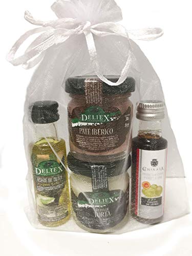 Aceite de oliva, vinagre, crema de queso y paté en bolsa de organza