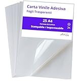 Carta vinile adesiva trasparente A4 | 25 Fogli adesivo stampabile per stampanti inkjet e laser | Vinile trasparente per etichette, adesivi e sticke