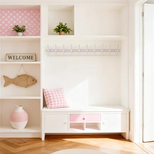 Image of SKOLOO Coastal Coat Rack Wall Mount-38.12 inch Beach House Entryway Wooden Coat Hook with 10 Hooks for Hanging Coats, Hats or Towels, Oceanfront Cottage Core Collection, White & Palm Beach Pink, Pack of 2