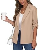 PrinStory Blazer Damen Business Büro Longblazer Verstellbare 3/4 Lange Ärmel Revers Blazer Sportlich Elegant Sakko Jack Trenchcoat (Aprikose, 42)
