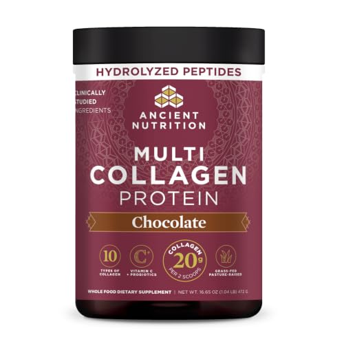 Image of Ancient Nutrition Hydrolyzed Multi Collagen Peptides Powder, Chocolate | Vitamin C, Probiotics, Grass-Fed Hydrolyzed Collagen, Supports Skin, Hair, Nails, Joints, Gut Health, 40 Servings