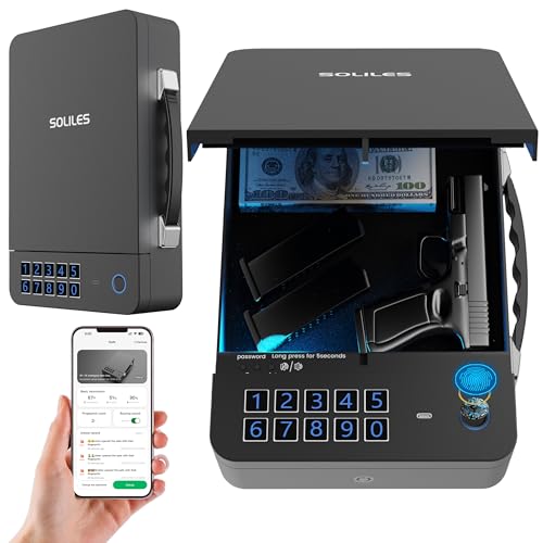SOLILES Biometric Gun Safe - 4-Way Unlock (APP/Fingerprint/PIN/Key) - 2000mAh Rechargeable - 100 Fingerprint Memory - Patented Lock Core - Silent Operation