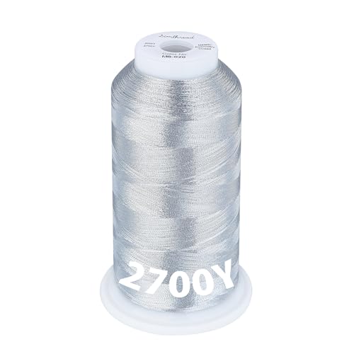 Image of Simthread 2700 Yards Metallic Embroidery Machine Thread - Silver MS-020, 40wt High-Sheen King Spool, Smooth Running & Break Resistant for Commercial & Home Embroidery Machines