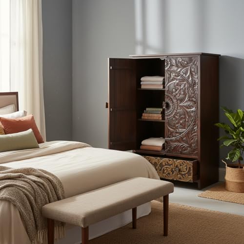 Image of APRODZ Wooden Wardrobe for Bedroom | Scolpito 2 Door Mango Wood Wardrobe with 1 Drawer | Space Saving Wardrobe for Storage, Clothes Cupboard & Wooden Almirah for Bedroom,(Mahogany + Green Brown Finish