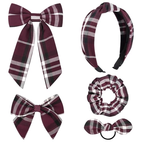 DEEKA 5 Styles Uniform Plaid Long Tail Hair Bows Knotted Headband Scrunchies Bow Set Alligator Clips Back to School Accessories for Toddler Little School Girls (Burgundy 5 Styles)