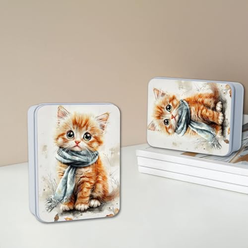 Image of Metal Tin Box with Lid,Multi-functional Storage Large Box Can Store Tea Biscuits Game Cards, Playing & Tarot Cards-Comes with 4 Magnetic Cord Clips,Kitten with Blue Scarf