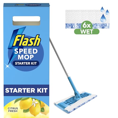Flash Speedmop Wet Mop Floor Cleaner Starter Kit For Cleaning Floors With Scrubbing Action, Includes 1 Handle & 6 Wet Refills