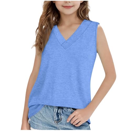 Girls Summer Shirts Basic Solid V Neck Sleeveless Tank Tops Loose Fit Lightweight Casual Tee Blouses Teen Girl Shirts