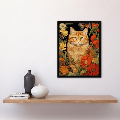 Artery8 Ginger Tabby Cat Floral Painting Orange Red Spring Flower Blooms Detailed Retro Style Low-Key Animal Portrait Art Print Framed Poster Wall Decor 12x16 inch - Image 4