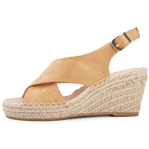 Alexis Leroy Women's Peep Toe Crisscross Straps Slingback Espadrilles Platform Wedge Sandals Camel