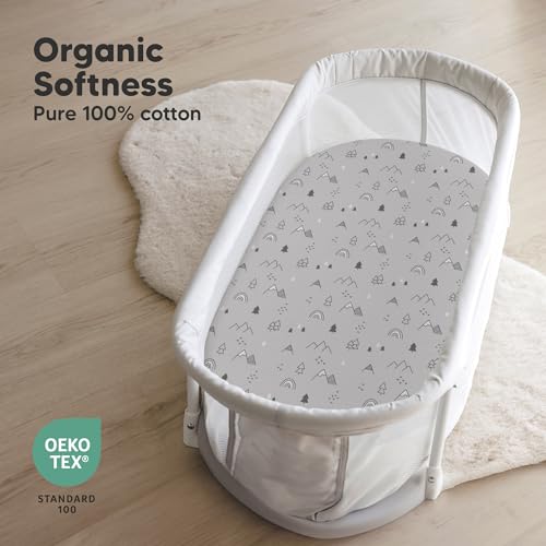 Image of 2-Pack Organic Bassinet Sheets for Girls, Boys - 100% Cotton Bassinet Mattress Sheets Compatible with Halo Bassinest Swivel Sleeper, Graco, Baby Delight, Chicco, Fitted Bassinet Sheets (Woodland)