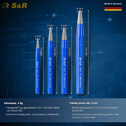 S&R Ankörner-Satz 4 tlg: 3, 4, 5, 6 mm, CrV-Stahl/MADE in GERMANY/geschmiedet und gehärtet, schlagfest, in stabiler Kunststoffbox