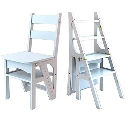 Taburete escalera plegable de madera maciza blanca con peldaños anchos para el hogar 2
