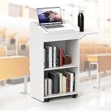 foriy Podium Stand Floor-Standing Lectern with Side Table Movable Floor Lectern with Lockable Wheels Hostess Stand with 3 Tier Storage Shelves for Reception Church Classroom Office White 41.33 in