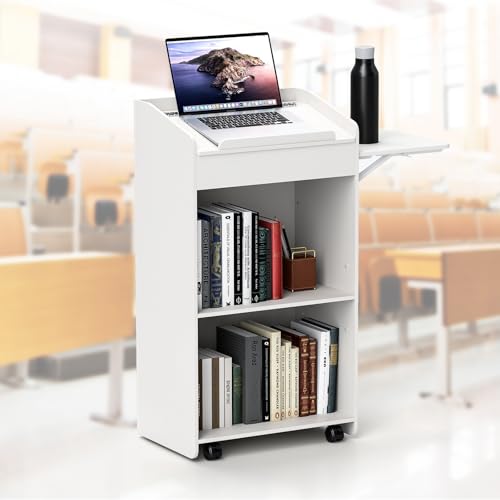 foriy Podium Stand Floor-Standing Lectern with Side Table Movable Floor Lectern with Lockable Wheels Hostess Stand with 3 Tier Storage Shelves for Reception Church Classroom Office White 41.33 in