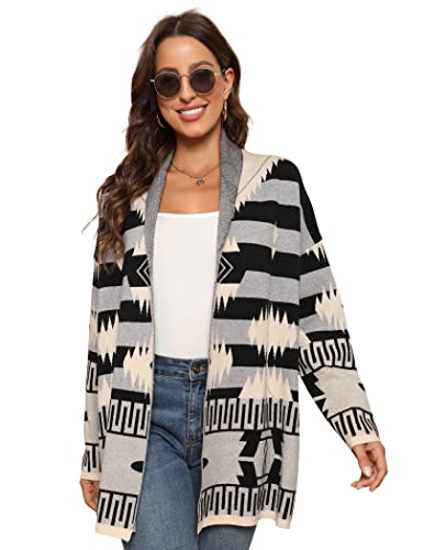 Women's Drop Shoulder Aztec Sweater Cardigan Outwear Long Sleeve Loose Knit Chunky Cardigan Sweater Coat Open Front #TOP3