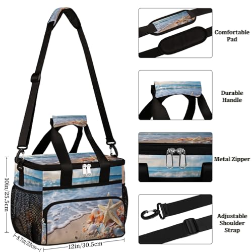 Summer Beach Insulated Picnic Backpack Lunch Box for Women Men Picnic Basket Tote Lunch Bag Picnic Bag Portable Lunch Bags for Picnic, Beach, Work, Trip,Office, Camp Starfish Seashell