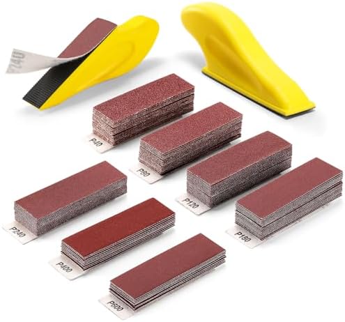 POLIWELL Micro Sanding Tools 3.5โ x 1โ Detail Sander for Small Projects, Mini Handle Sander Kit+ Sandpaper 40 80 120 180 240 400 600 Grit for Crafts Wood Finishing Tight Narrow Spaces, 120 PCS