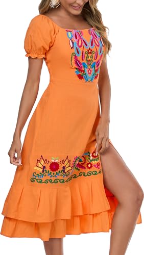 Image of YZXDORWJ Mexican Dress for Women Boho Embroidered Sexy Ruffle Maxi Dress Short Sleeve Summer Beach Wedding Party Dress