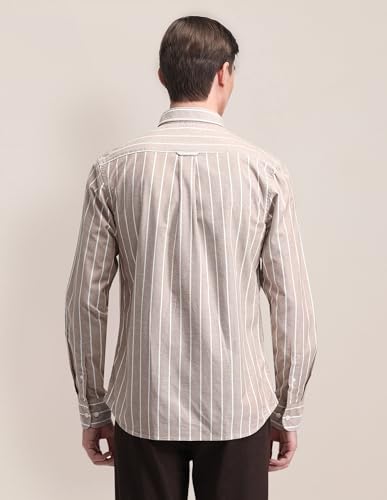 Image of U.S. Polo ASSN. Men's Brown Striped Cutaway Collared Neck Full Sleeve Formal Cotton Regular Fit Shirt