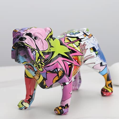 suruim Figurines de Bouledogue Anglais colorées créatives Art du Graffiti Moderne Décorations pour la Maison Chambre Bibliothèque Meuble TV Décor Animal Ornement (B) Cover