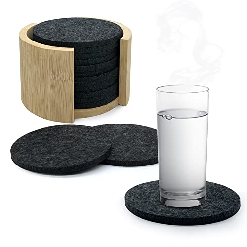InJolly Filz Untersetzer rund für Gläser 12er Set, Waschbar Dunkelgrau Bierdeckel mit Halter aus Bambus für Getränke, Bar, Töpfe, Glas, Deko Cover